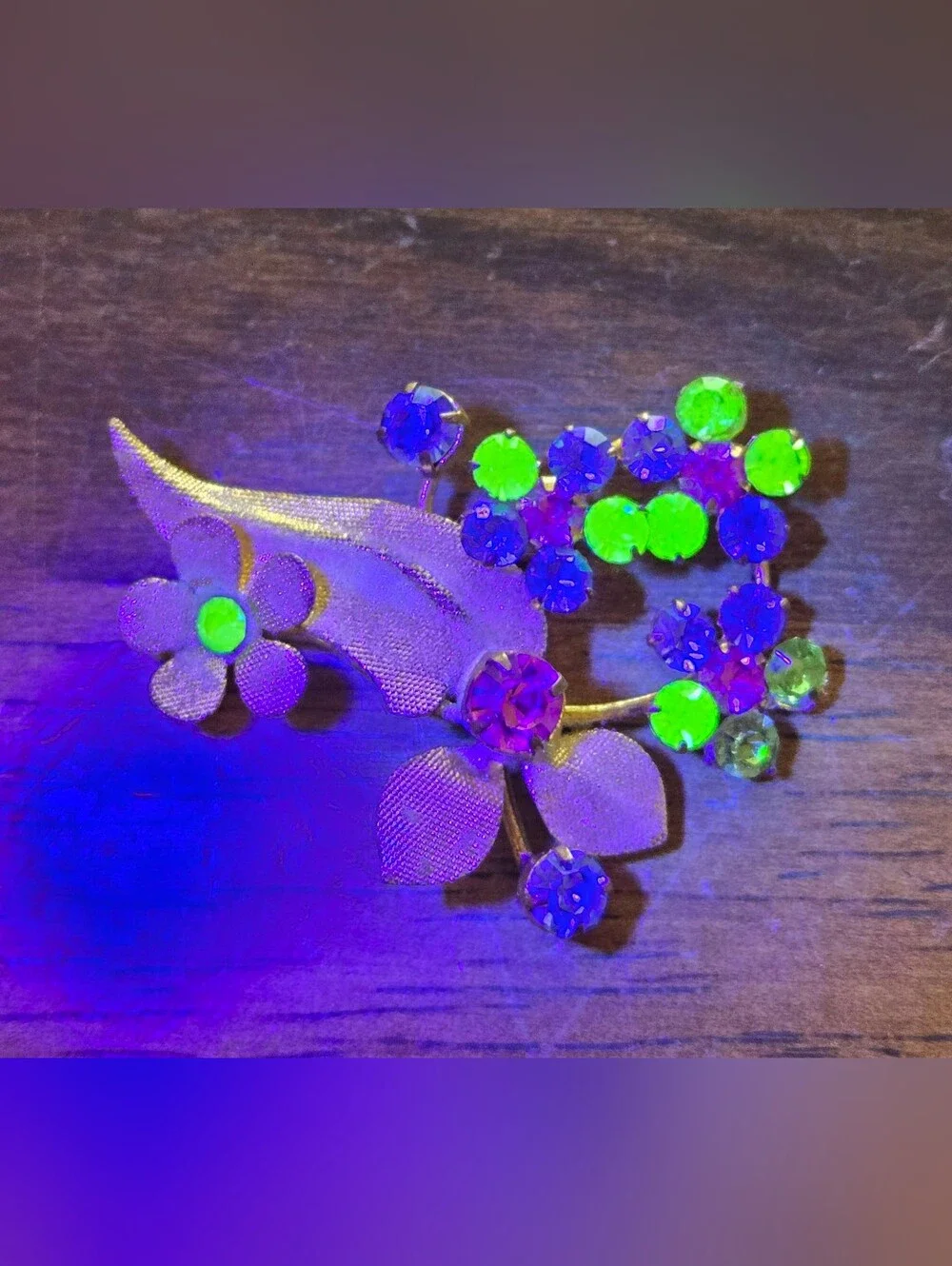 Vintage Flower Bouquet Brooch Multicolored Uranium Rhinestones Glows